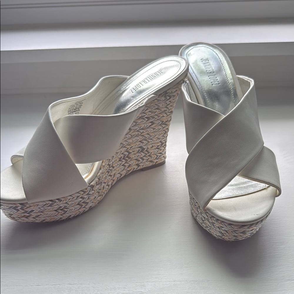 Jennifer Lopez White Wedge Sandals